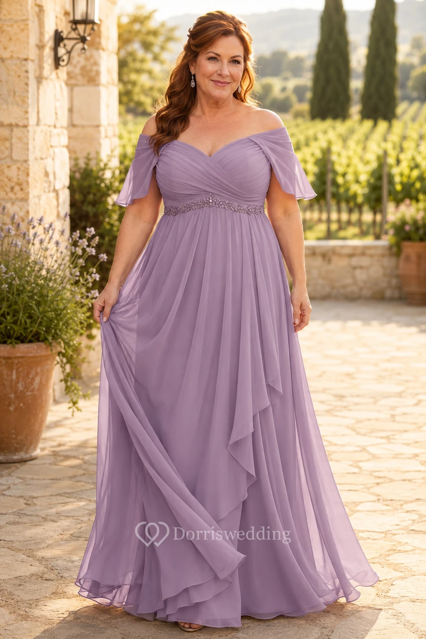Lavendelfarbenes, schulterfreies Chiffon-Kleid in A-Linie in Übergröße für Mütter