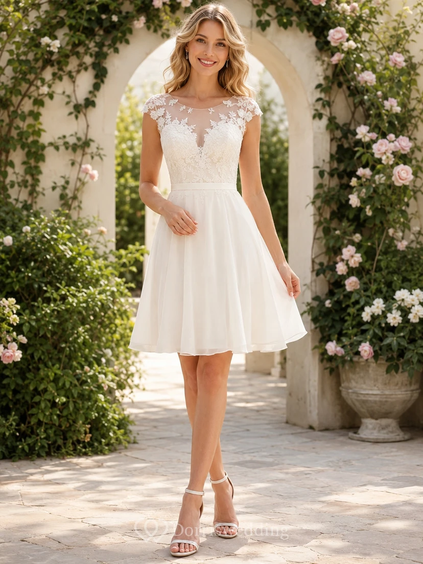 Vestido de novia informal corto de corte A con escote barco y mangas cortas, de encaje, estilo casual de jardín.