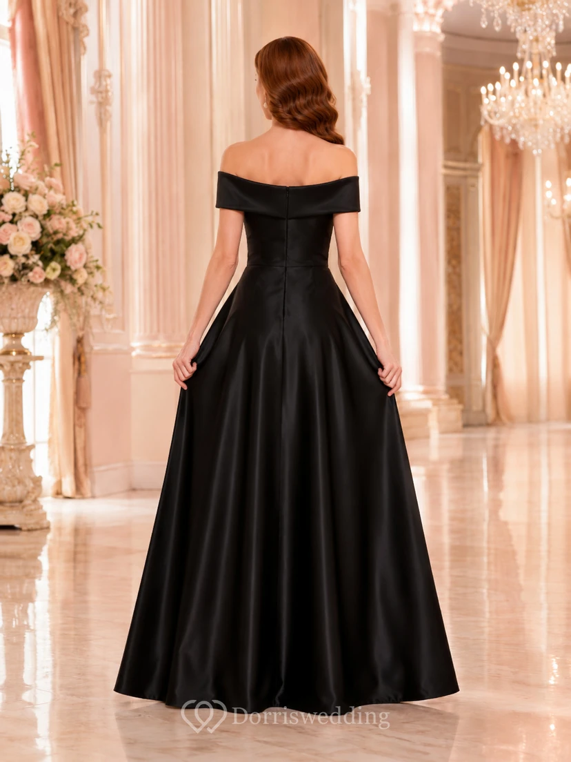 Black Satin Off Shoulder A Line Floor Length Ball Gown view 2