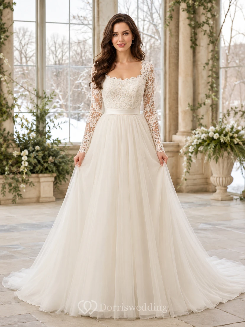 Affordable Long Sleeve Lace Tulle A-Line Winter Bridal Gown