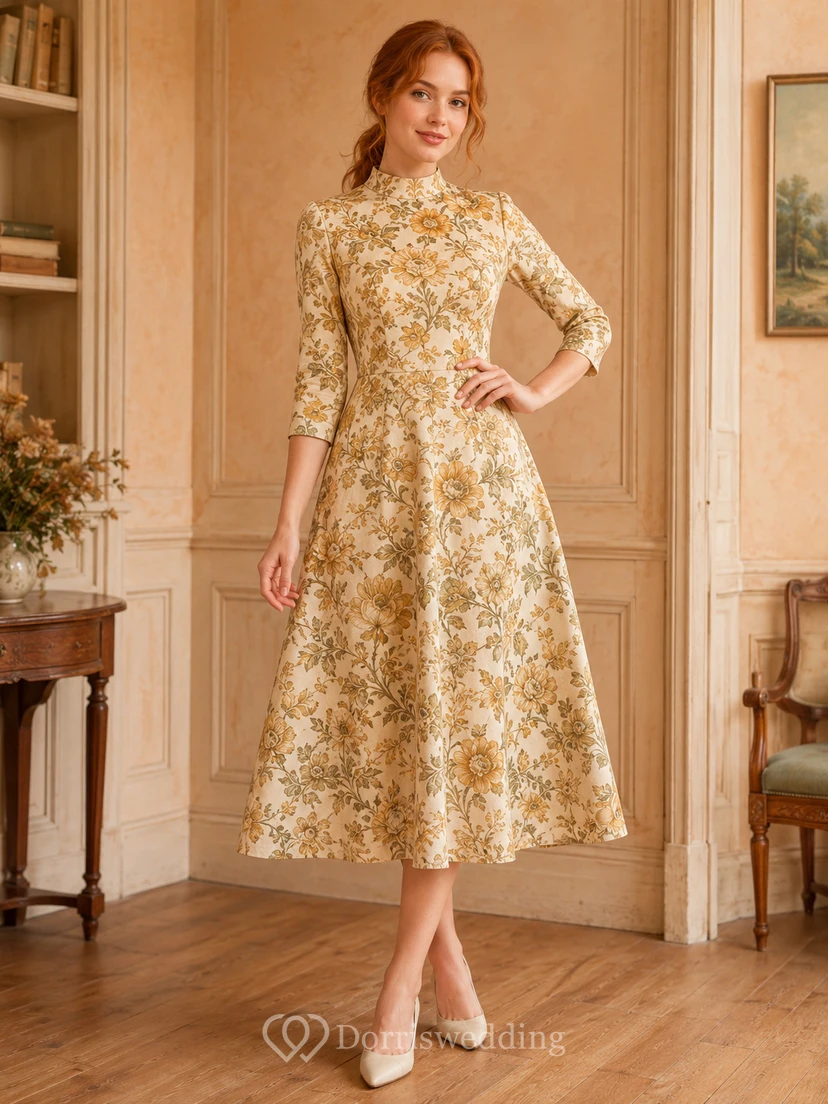 Vestido de manga tres cuartos con cuello alto y estampado floral de Golden Wallpaper