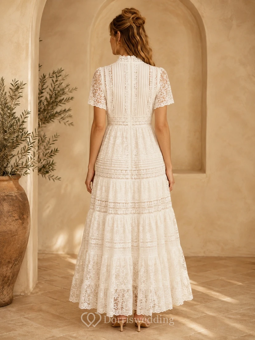 Boho Modest Ivory High Neck Lace A-Line Ankle-Length Dress view 2