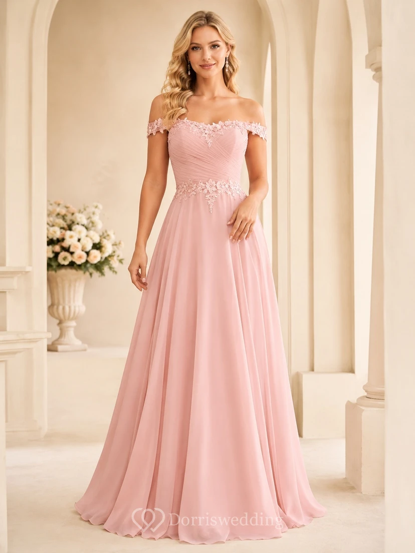 Blush Off Shoulder Puff Sleeve Tulle A-Line Floor Length Bridesmaid Dress
