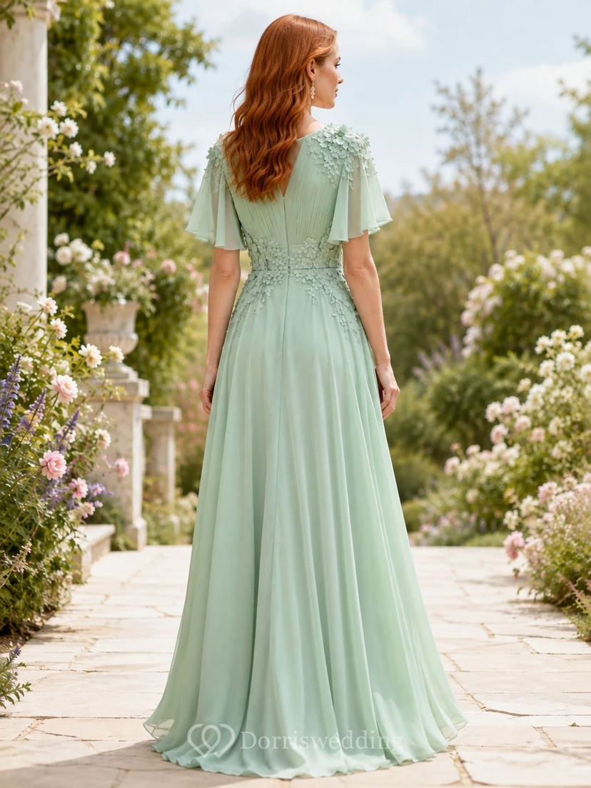 Mint Green V-Neck Flutter Sleeve Floral Chiffon A-Line Floor-Length Gown view 2