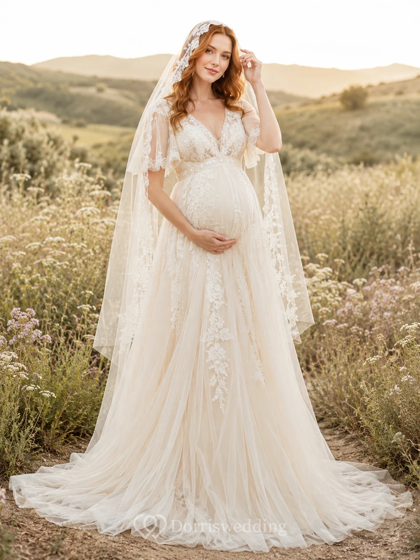 Maternity Wedding Dress V-Neck Cap Sleeve Lace Tulle Gown with Country Train