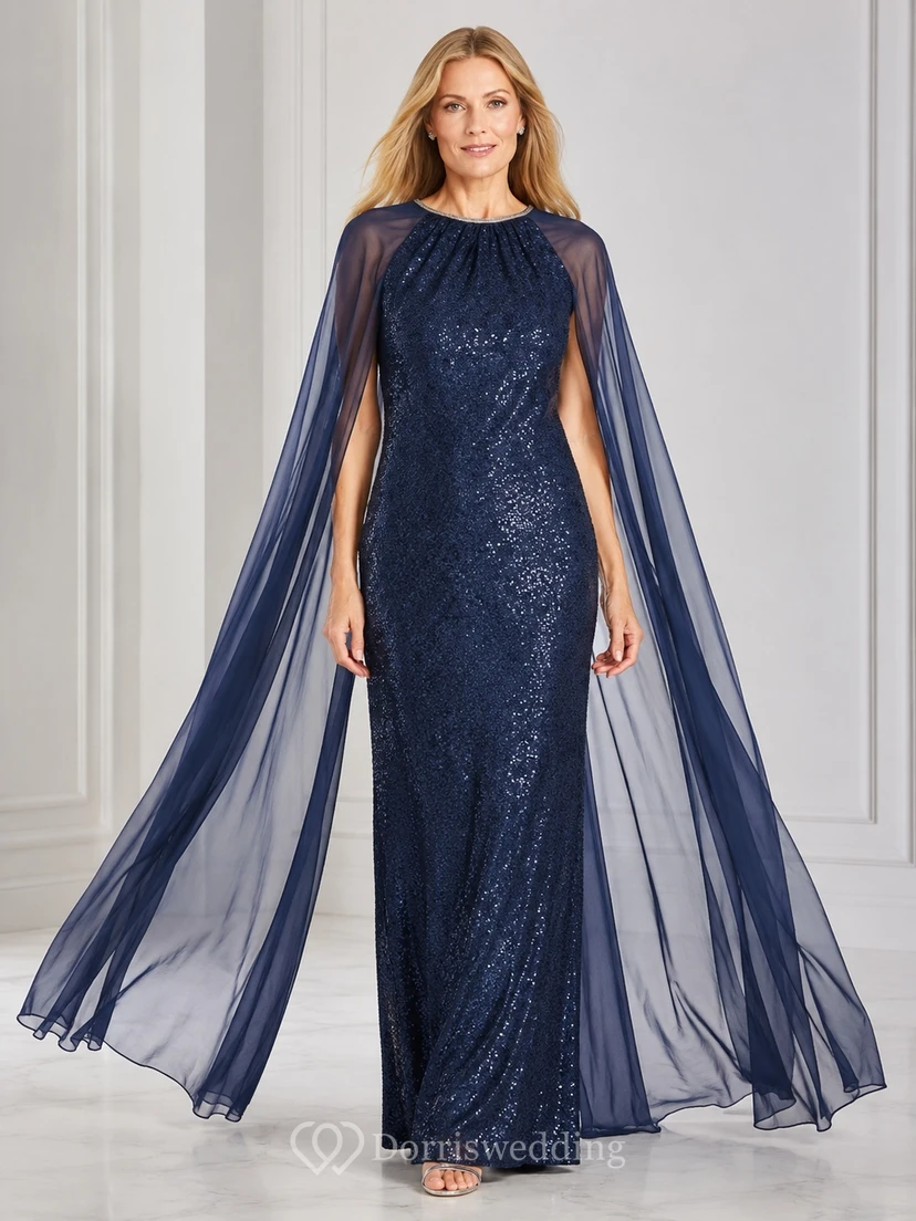 Dark Navy High Neck Sequined Cape Sheath Floor-Length Luxury Evening Gown