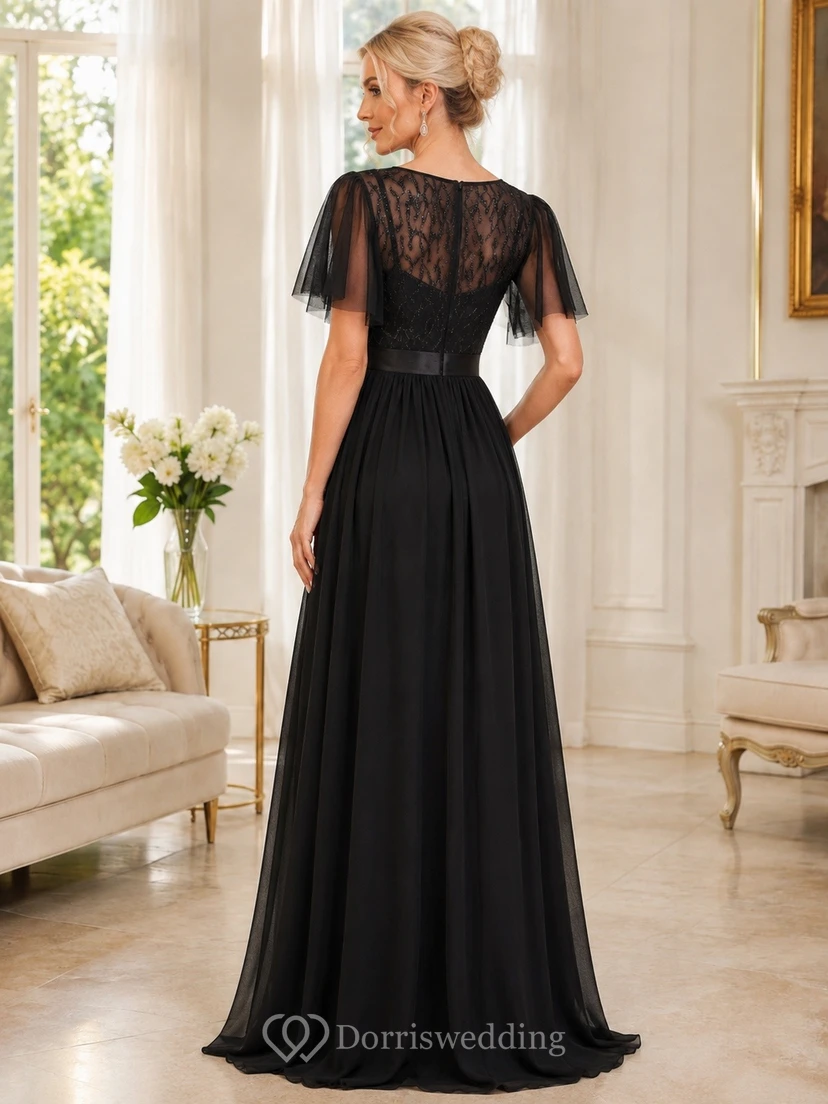 Black Elegant High-Neck Chiffon-Lace Short-Sleeve A-Line Floor-Length Dress view 2