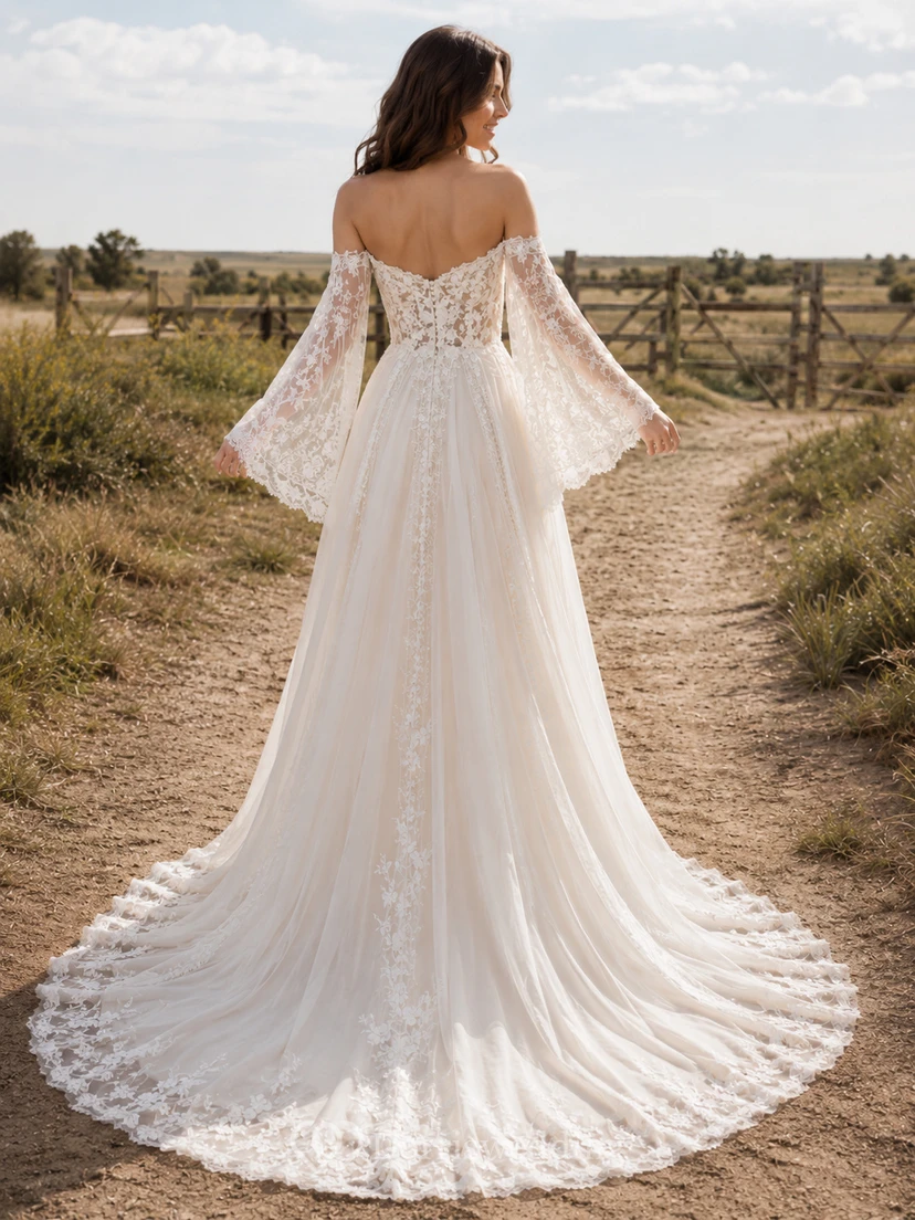 Vestido de novia de tul y encaje campestre, corte en A, hombros descubiertos, manga corta, cola de capilla, espalda baja en V. view 2
