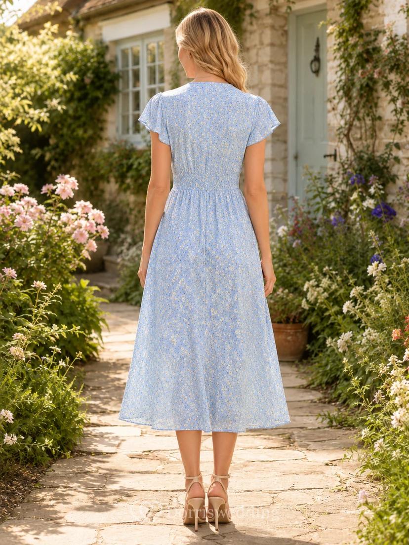 Casual Floral V-Neck Cap Sleeve Blue Midi Dress view 2