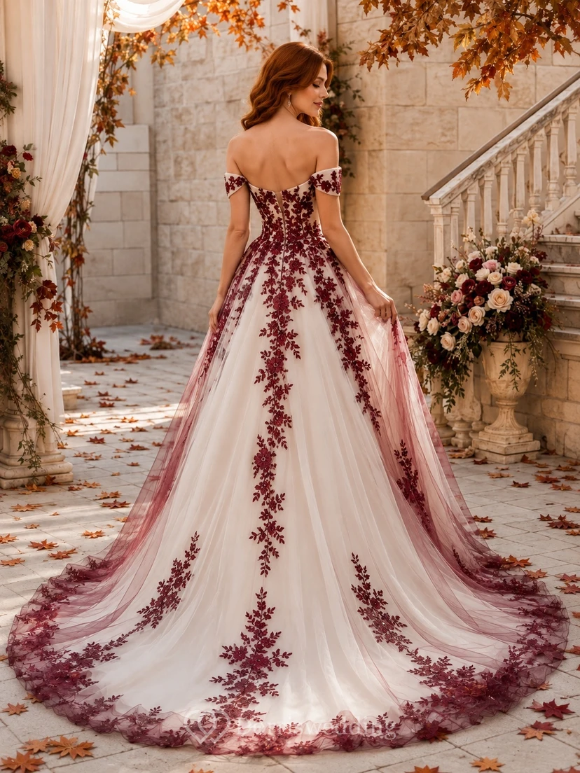 Burgundy Botanical Bridal A-Line Off-the-shoulder Short Sleeve Cathedral Train Romantic Elegant Gown view 2