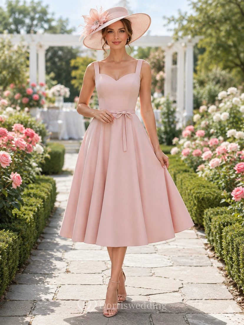 Blush Pink Square Neck Sash Derby Garden Midi Dress