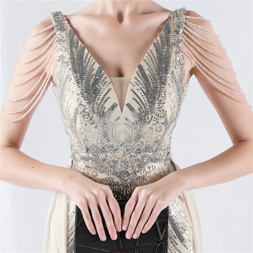 Paillettenbesetzte Blumen mit Cape-Stickerei, hochwertiges Abendkleid, ideal für die Ausrichtung der Jahrestagung view 58
