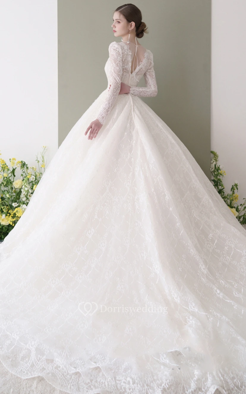 Robe de bal romantique en dentelle, longueur au sol, manches longues, décolleté en goutte d'eau, robe de mariée princesse ornée d'appliqués view 2