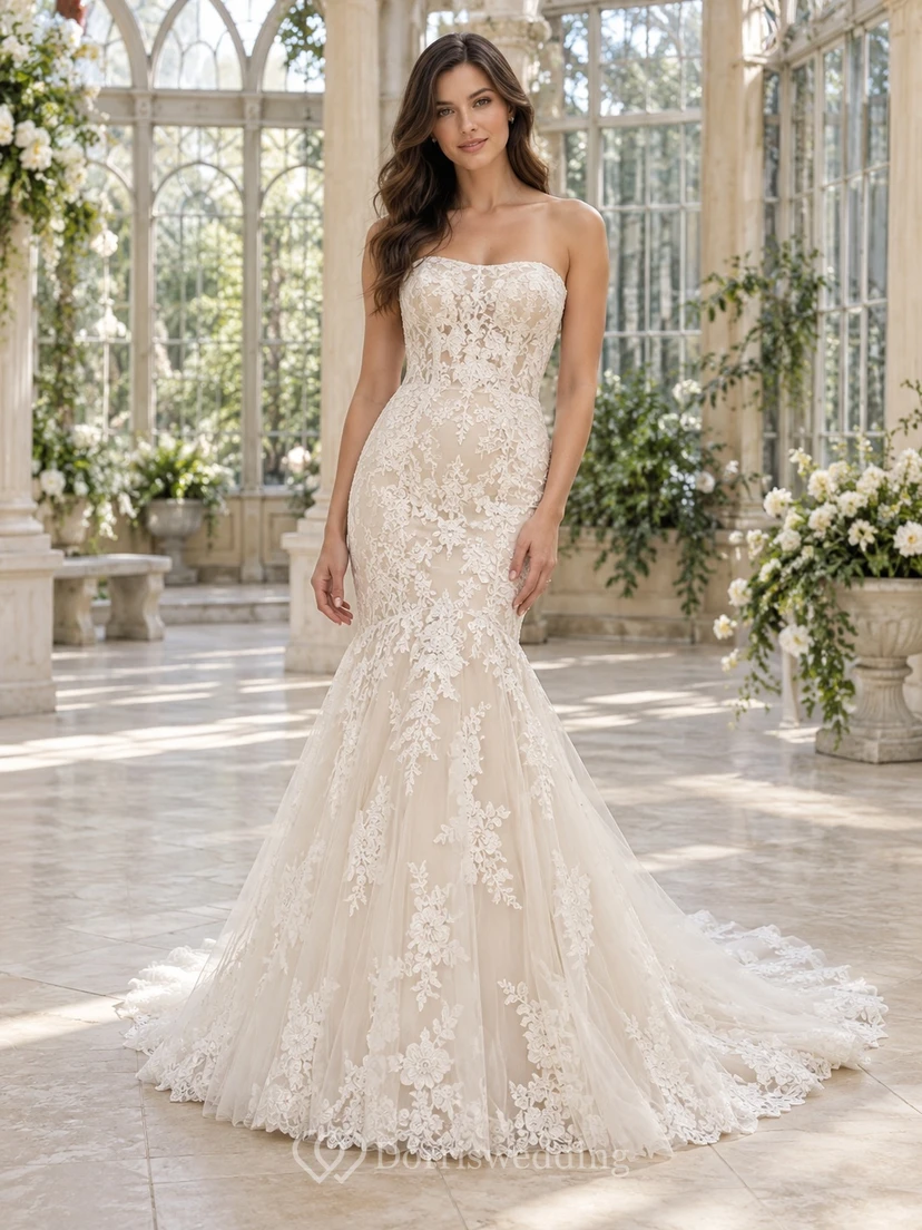 Robe de mariée sirène bustier en dentelle florale champagne festonnée avec traîne chapelle