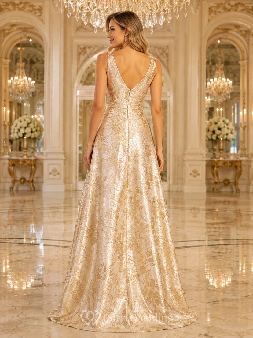 Metallic Floral V-Neck Sleeveless A-Line Floor-Length Evening Gown view 2
