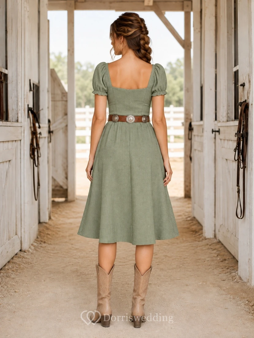 Western-Kleid mit eckigem Ausschnitt, knielang, lässig, mit Puffärmeln, salbeigrün view 2