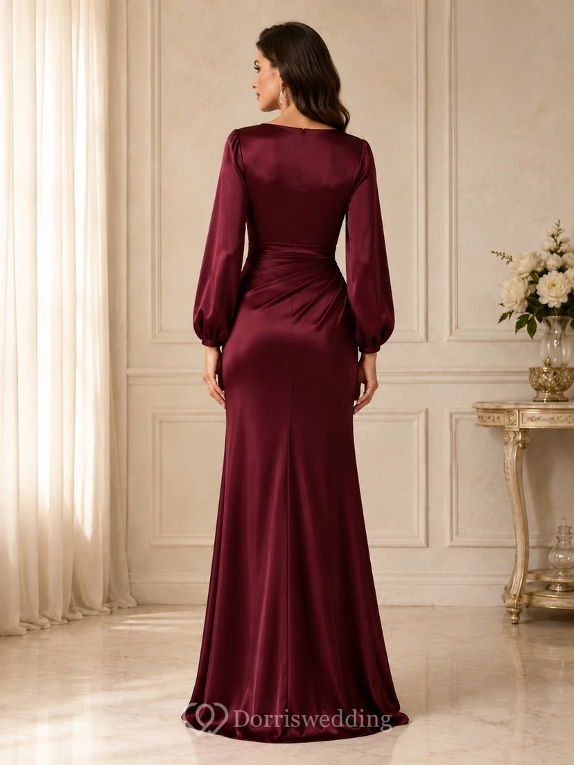 Modest Burgundy Jewel Neck Long Poet Sleeve Satin Mermaid Floor-Length Gown view 2