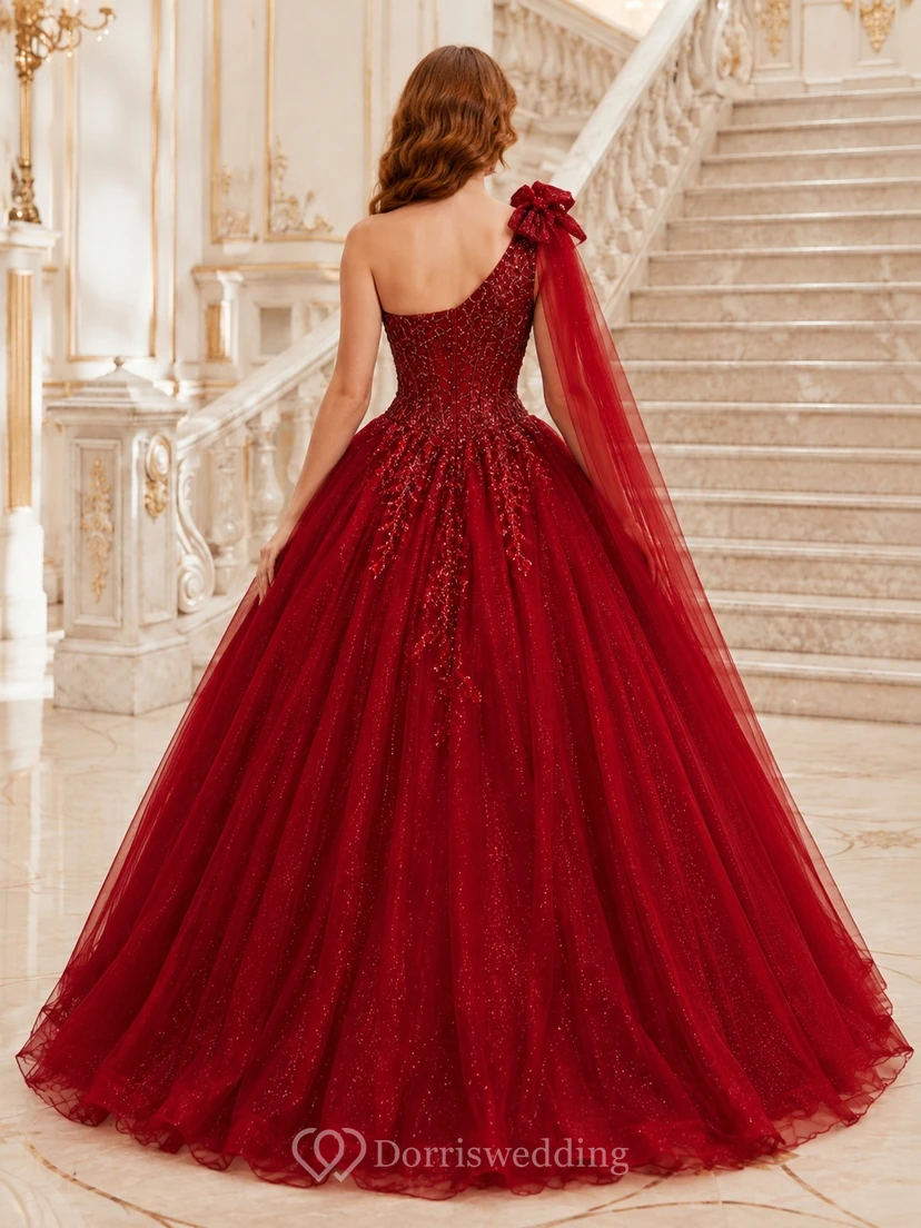 Red Lace Applique Off Shoulder Short Sleeve Ruffled Tulle Ball Gown Formal Dress view 2