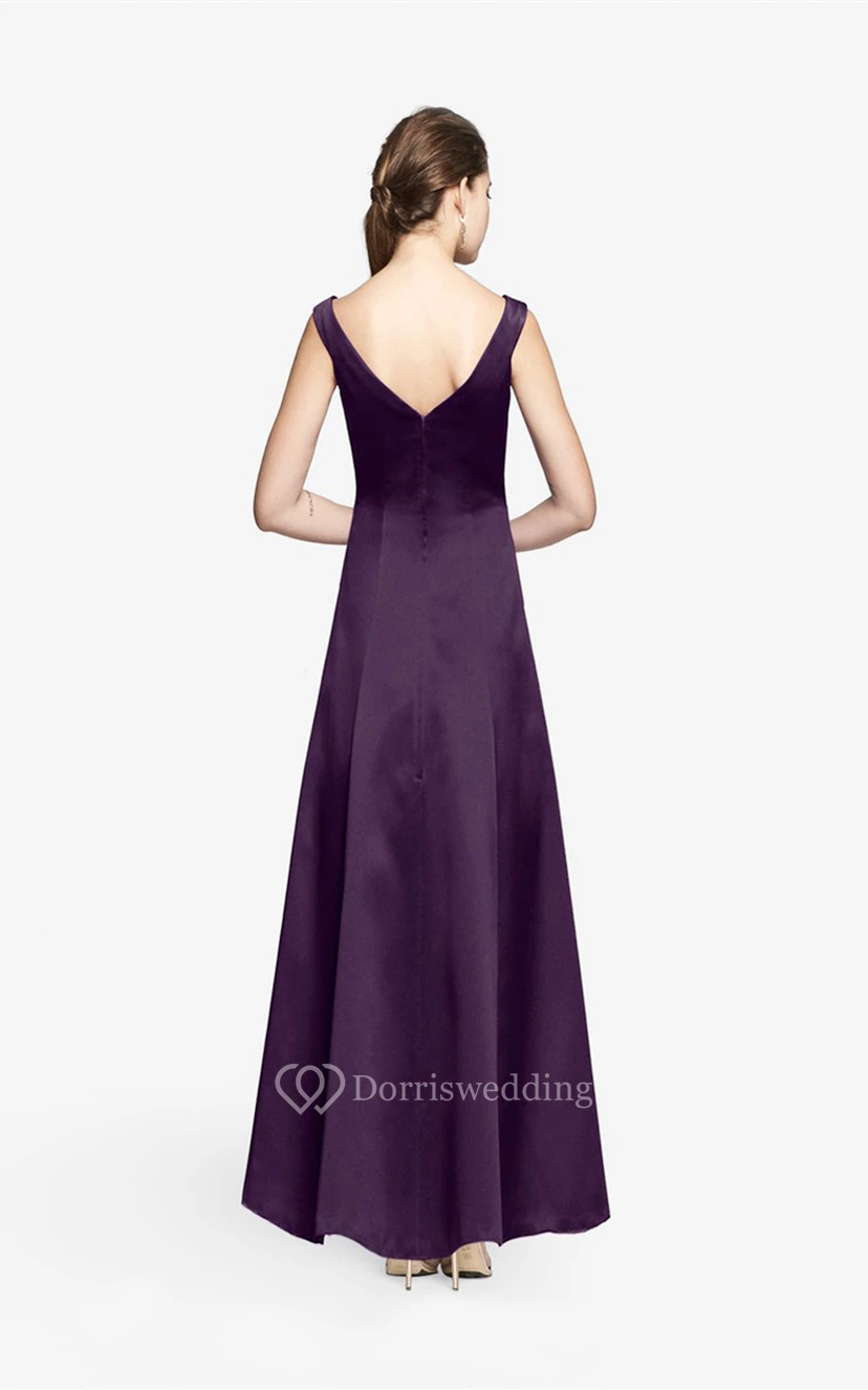 Simple V-neckline Floor-length Satin Dress With Cap Sleeves view 3