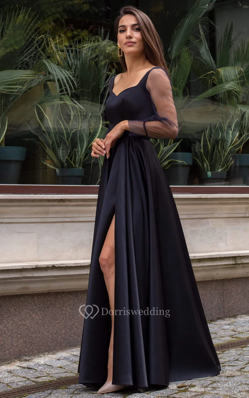 Simple Floor-length Long Sleeve Satin A Line Formal Dress with Split Front view 4