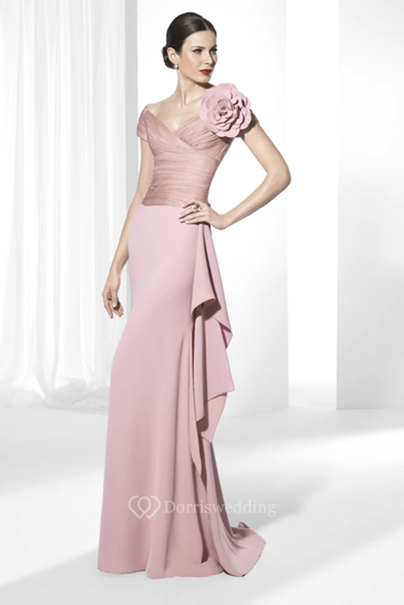 Sheath Ruched Short-Sleeve Floor-Length V-Neck Prom Dress With Flower And Draping