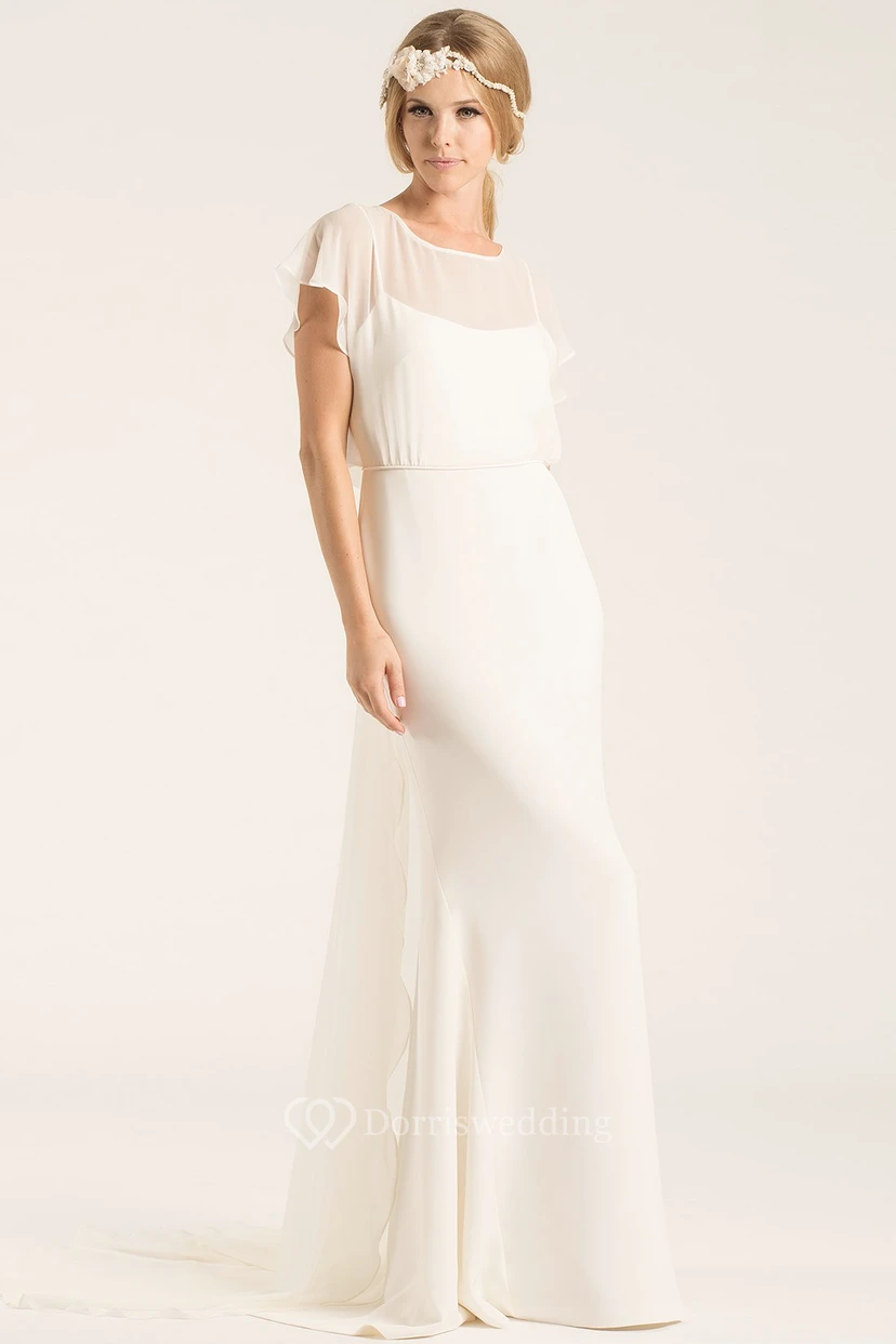Scoop Long Poet-Sleeve Chiffon Wedding Dress With Court Train And V Back view 2