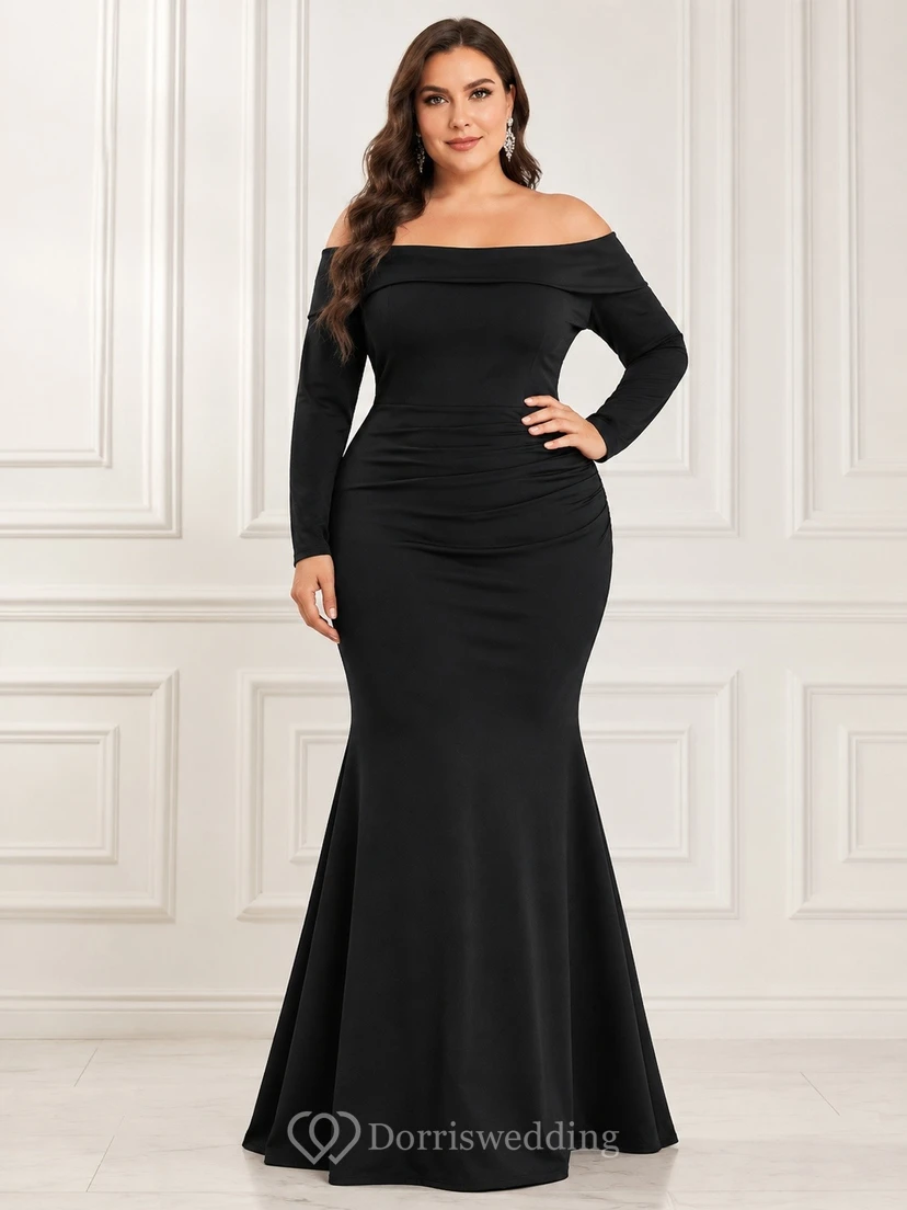 Sexy Plus Size Off-the-shoulder Long Sleeve Floor-length Jersey Mermaid Dress