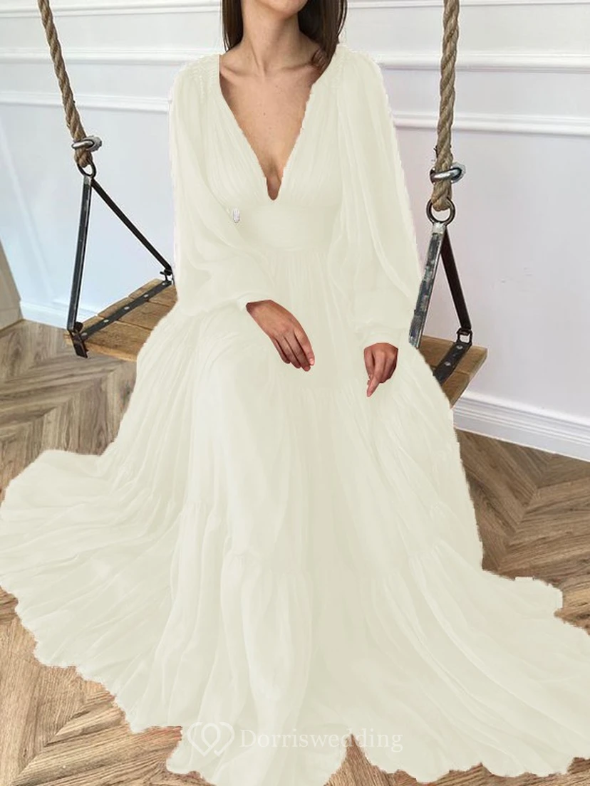 Sexy V-neck Puff Long Sleeve Chiffon Layered Empire Dress view 12