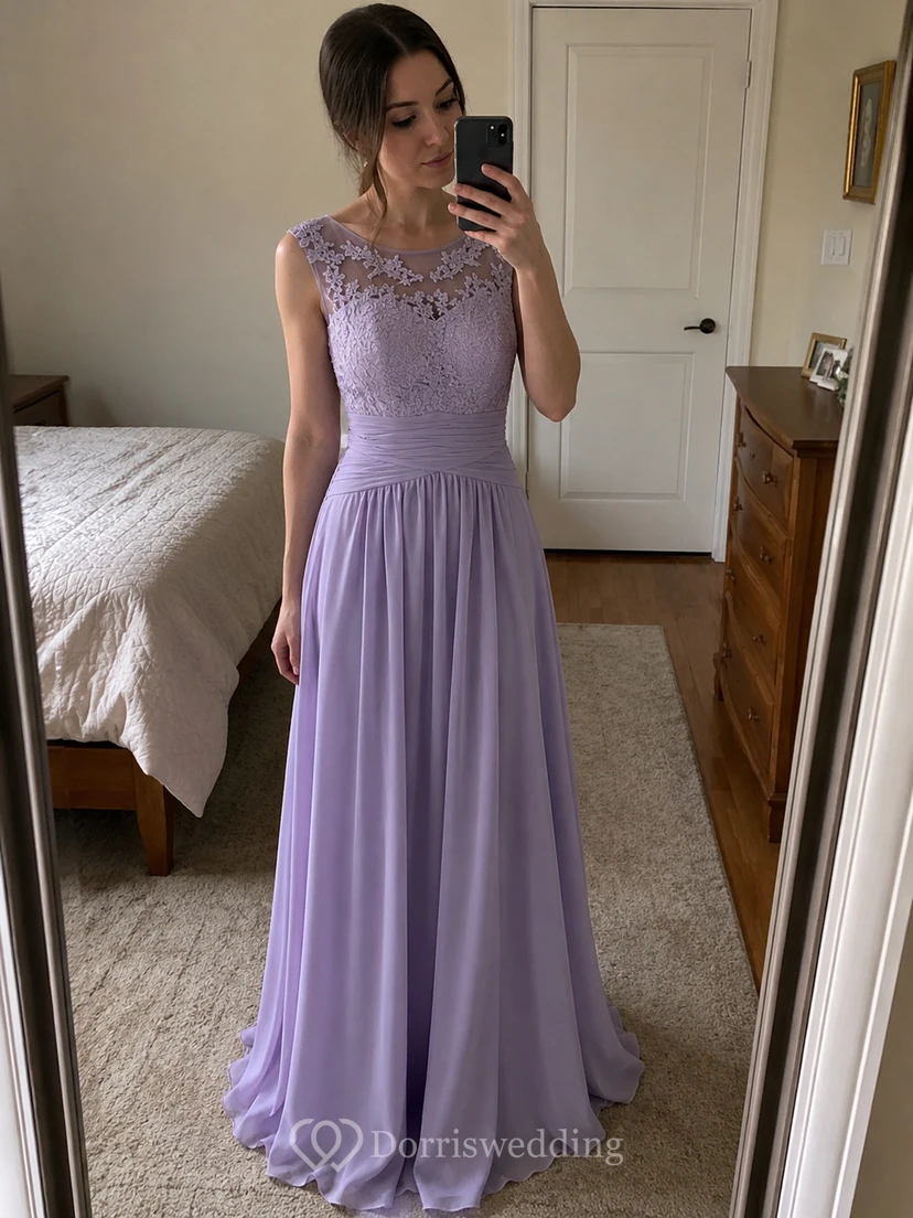 Robe de bal longue en mousseline élégante sans manches, ornée d'appliqués de dentelle. view 9