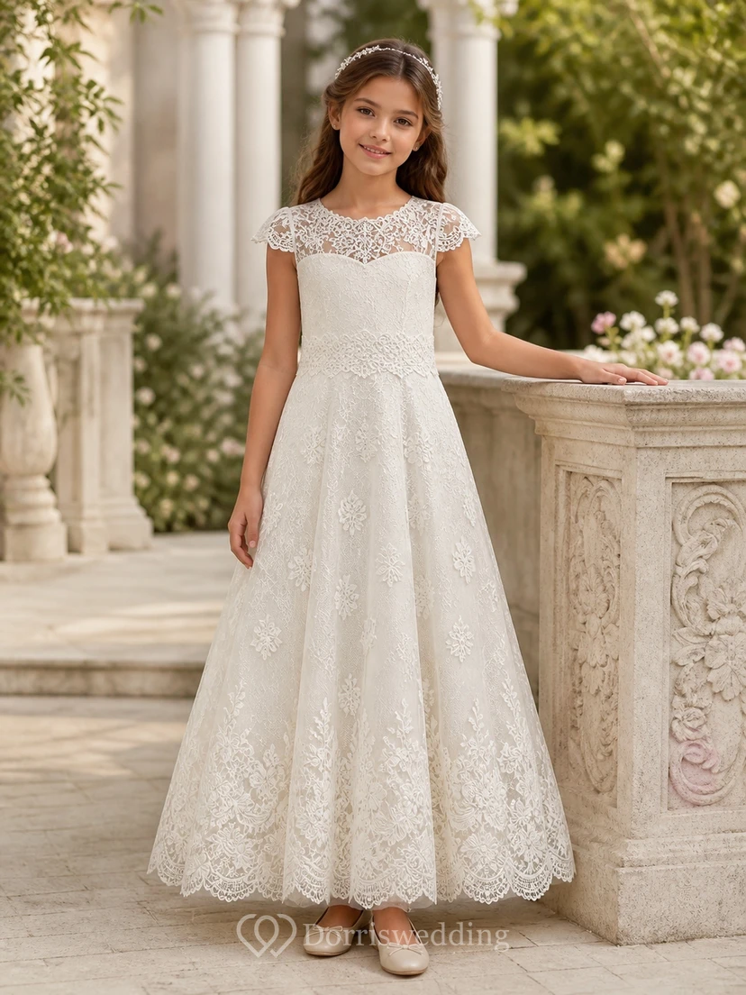 Modest Floor-length A-Line Scoop Cap Sleeve Floral Lace Flowergirl Dress