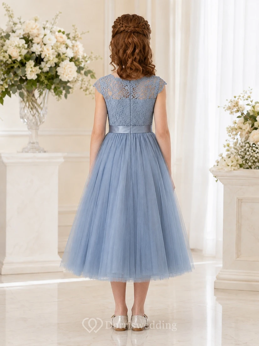Slate Blue Jewel Neck Short Sleeve Tulle A-Line Tea-length Romantic Flowergirl Dress view 2