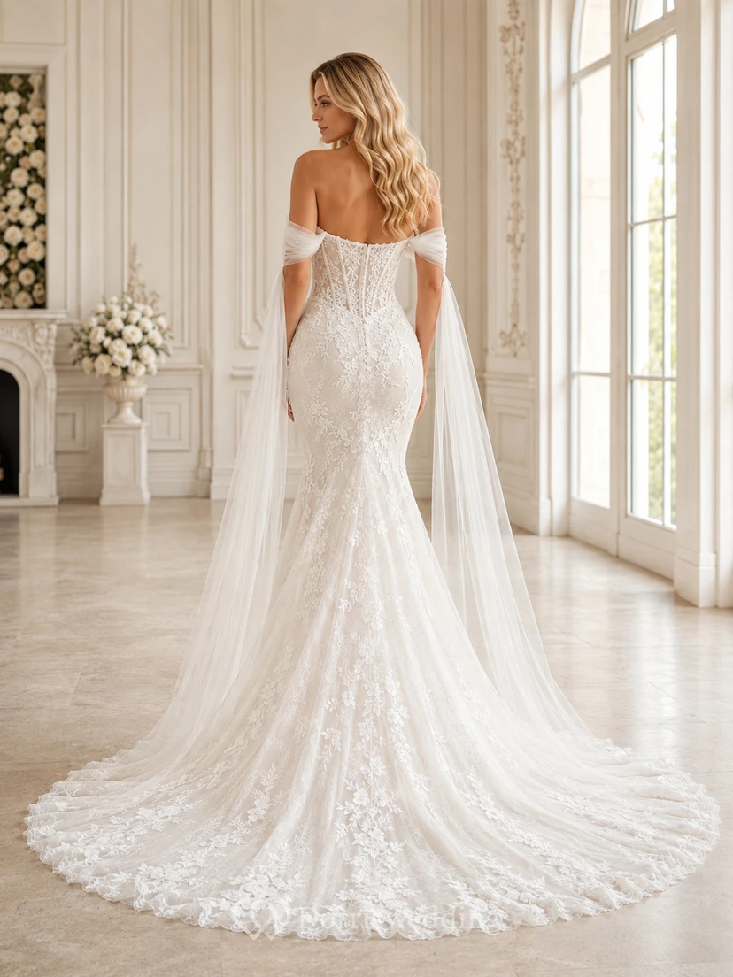 Robe de mariée sirène en dentelle florale à épaules dénudées et manches cape, luxe, traîne chapelle view 2