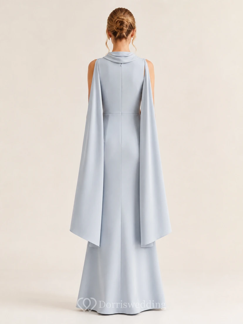 Pale blue high neck cape sleeve floor length sheath dress view 2