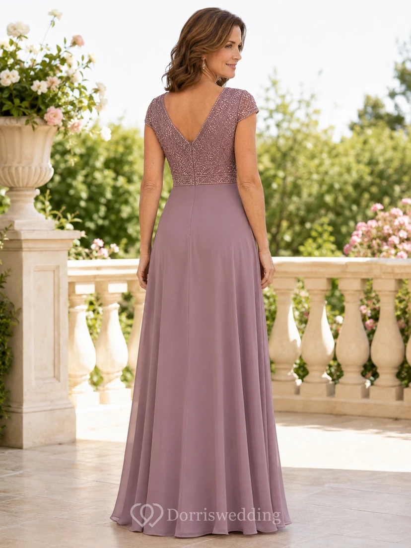Vintage, mauvefarbenes Luxus-Chiffonkleid in A-Linie für die Mutter der Braut, bodenlang, mit V-Ausschnitt, paillettenbesetztem Oberteil und kurzen Ärmeln view 2