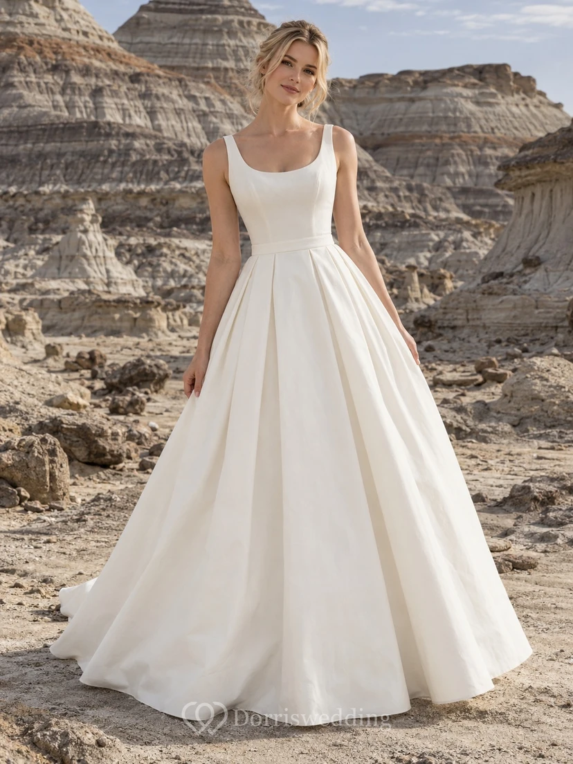 Vestido de novia vintage sencillo de corte A, sin mangas, de popelina tejida plisada, con escote redondo y sin mangas.