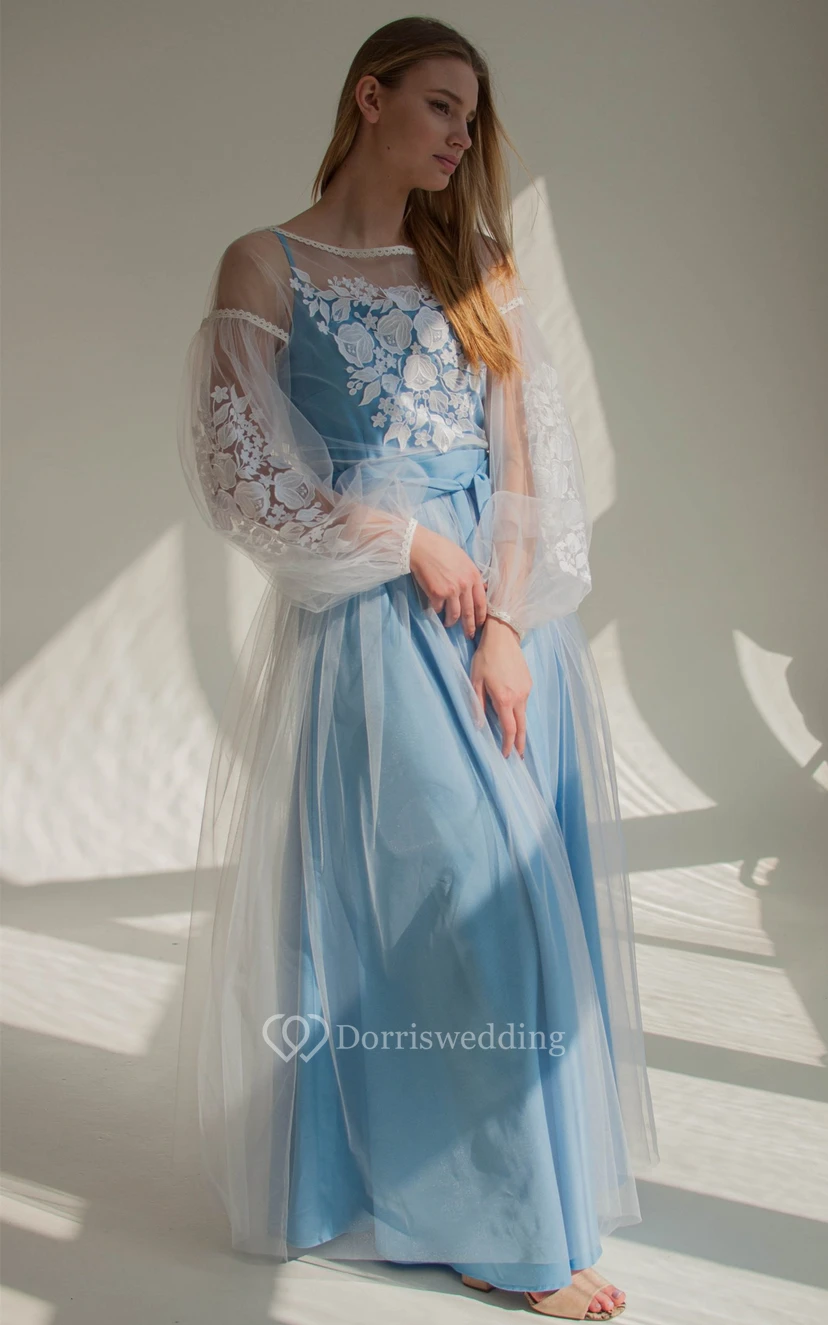 High-end A Line Tulle Square Neck Evening Dress with Sash