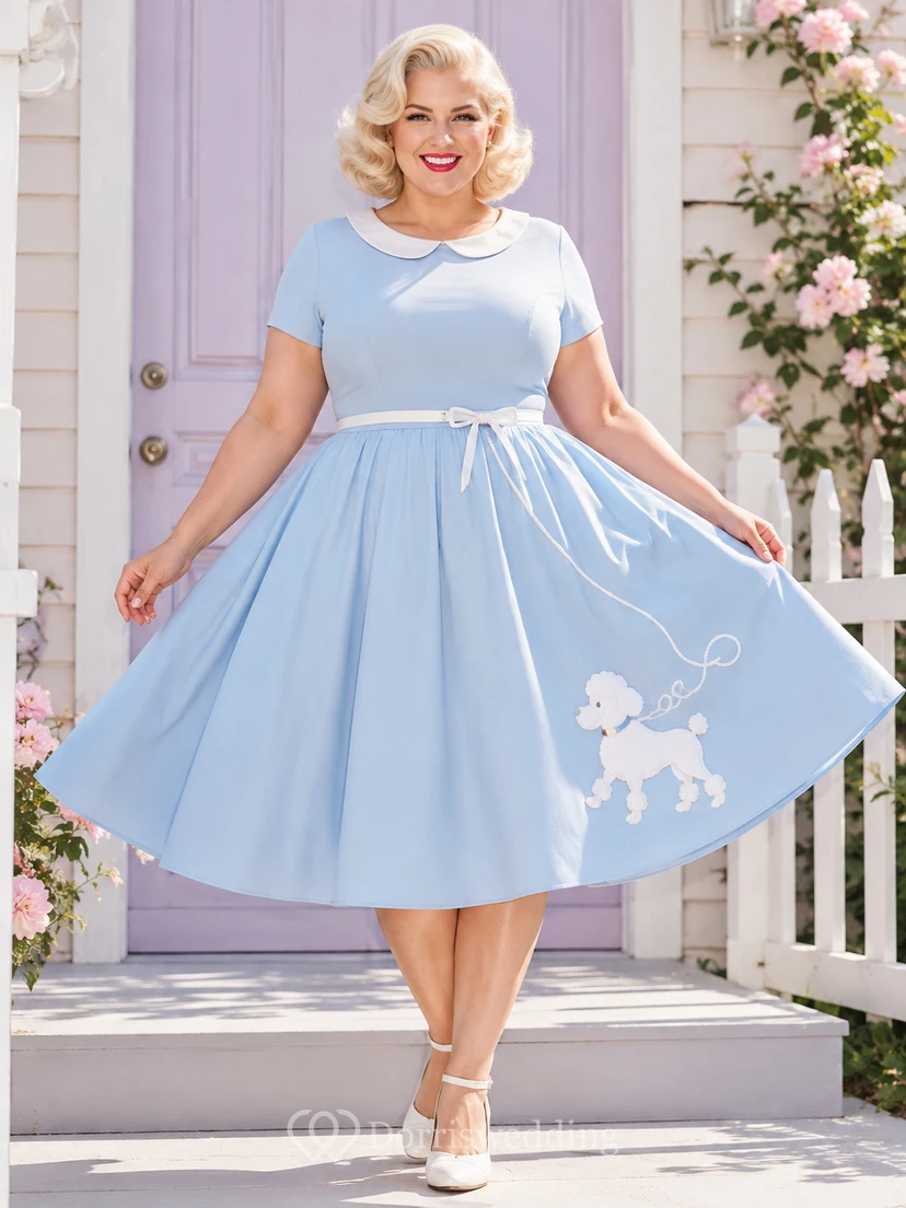 Sky Blue Plus-Size Jewel Short-Sleeve Poodle Applique Vintage Tea Dress