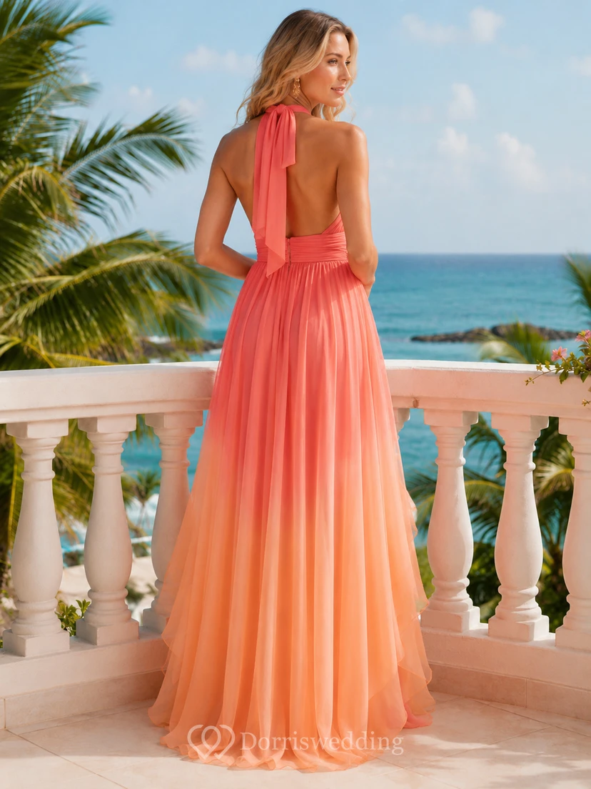 Coral Halter Pleated Chiffon Resort Birthday Maxi Dress view 2