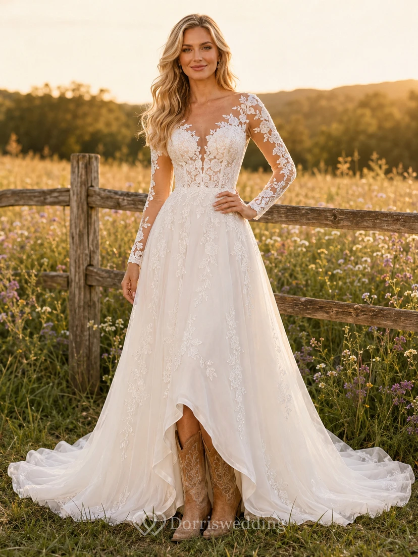 Robe de mariée de maternité en dentelle, coupe trapèze, épaules dénudées, manches cloche, style forêt