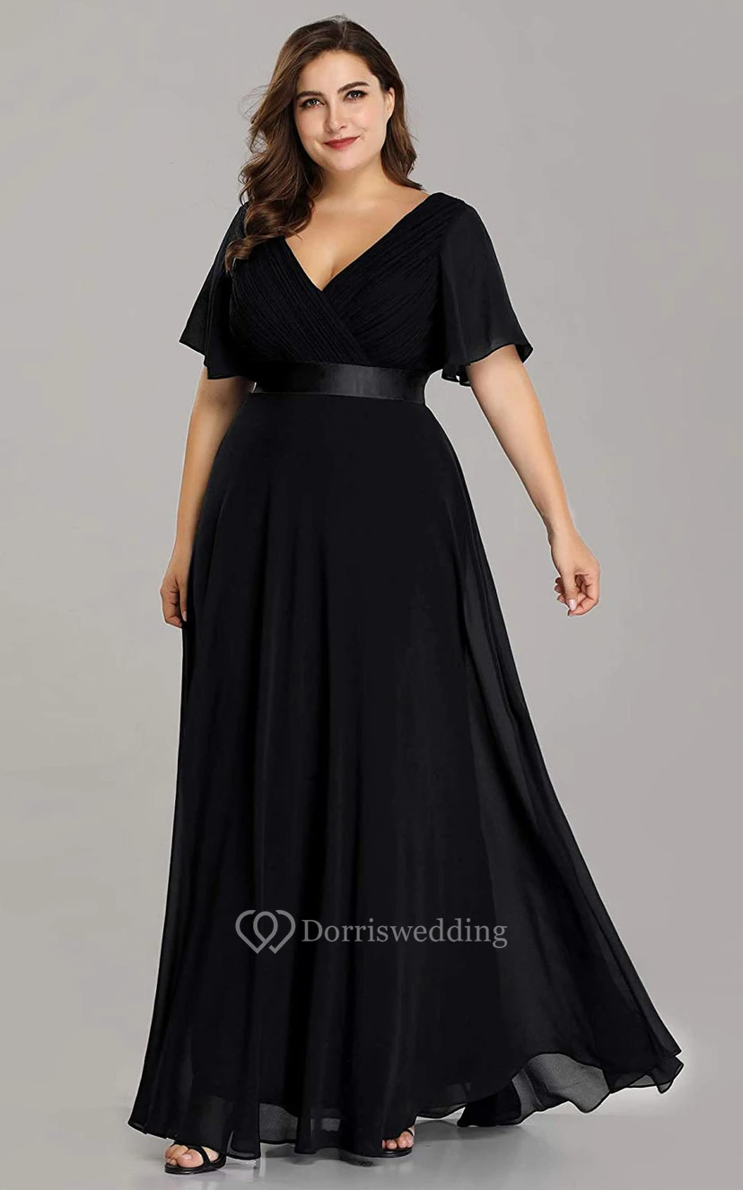 Romantic Chiffon V-neck Half Sleeve A Line Formal Dress With Criss Cross and Ruching view 5