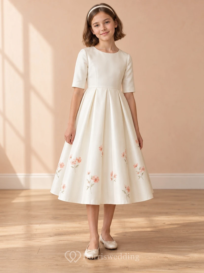 Cream Tea-length Floral Jewel Half-sleeve Pleated Unbanded Button-back Flower Girl Dress