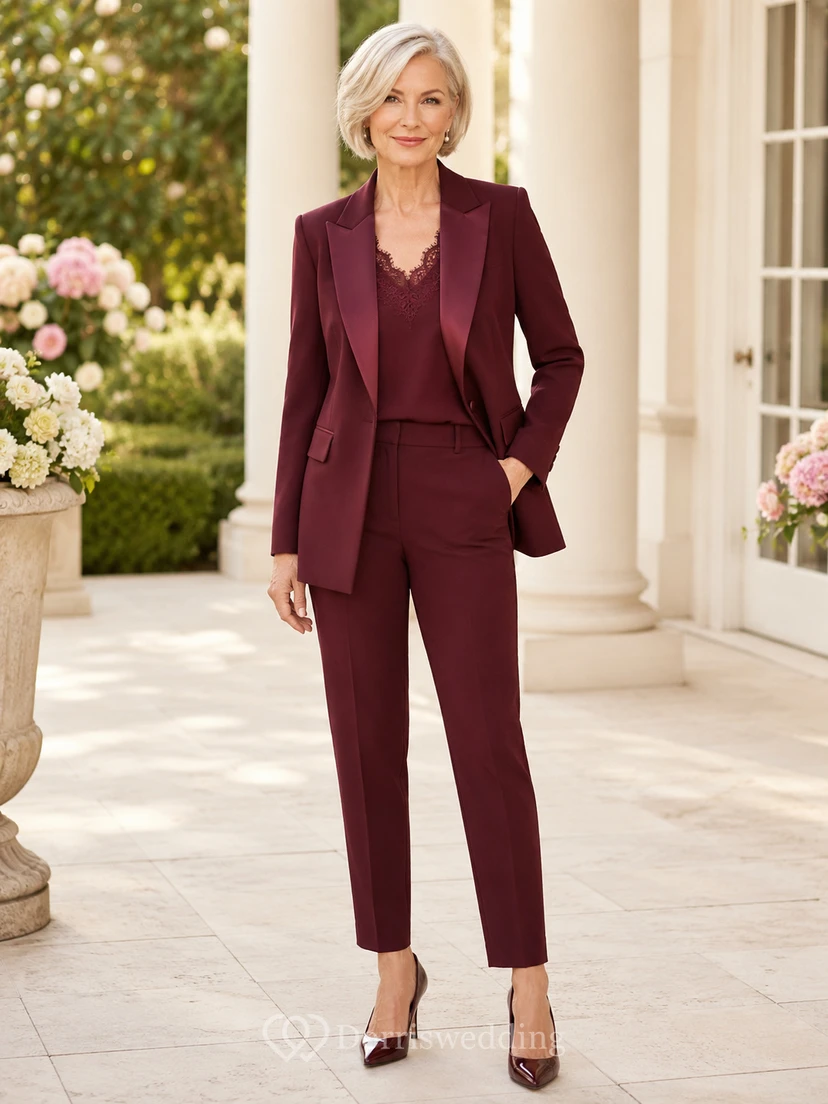 Burgunderroter, moderner, kurzer Hosenanzug aus Satin mit Spitzenbesatz, tailliertem Blazer und schmal zulaufender Hose – perfekt für die Mutter der Braut.