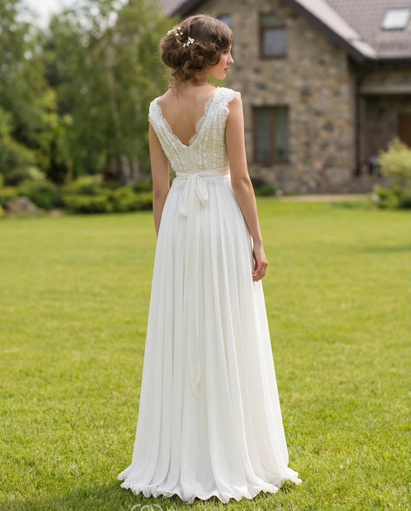 Plunging V-Neck Chiffon Wedding Dress with Lace view 2