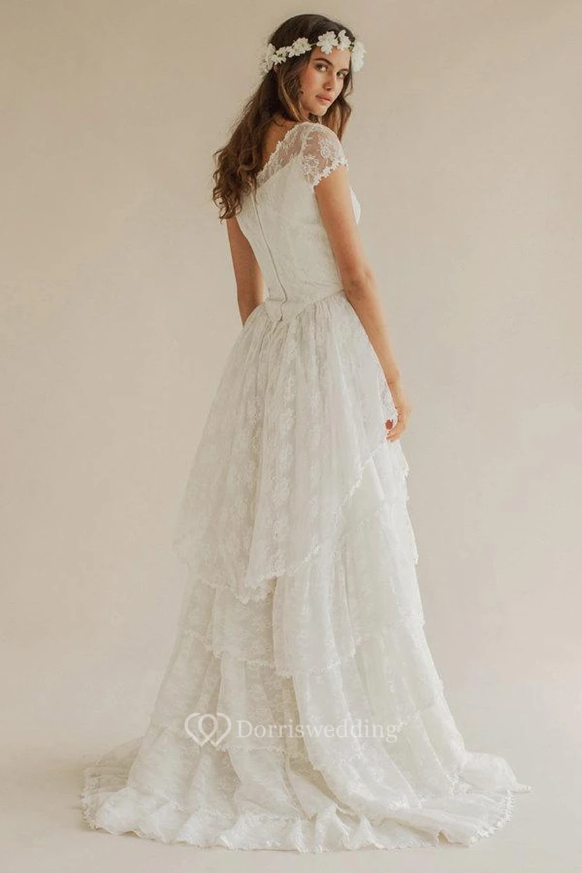 Boho Scoop Neck Cap Sleeve A-Line Tiered Weding Vow Renewal Dress With Court Train view 2