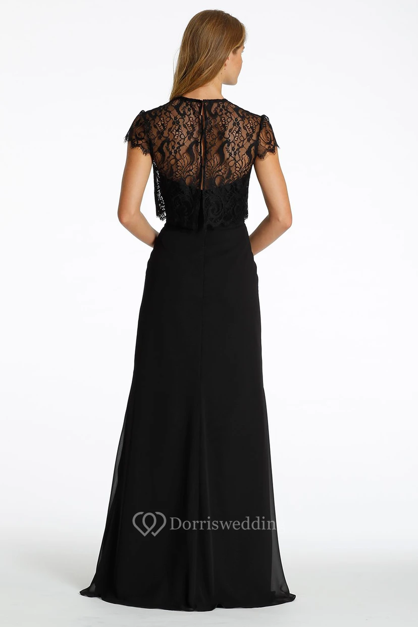 Floor-Length High Neck Cap Sleeve Lace Chiffon Bridesmaid Dress view 2