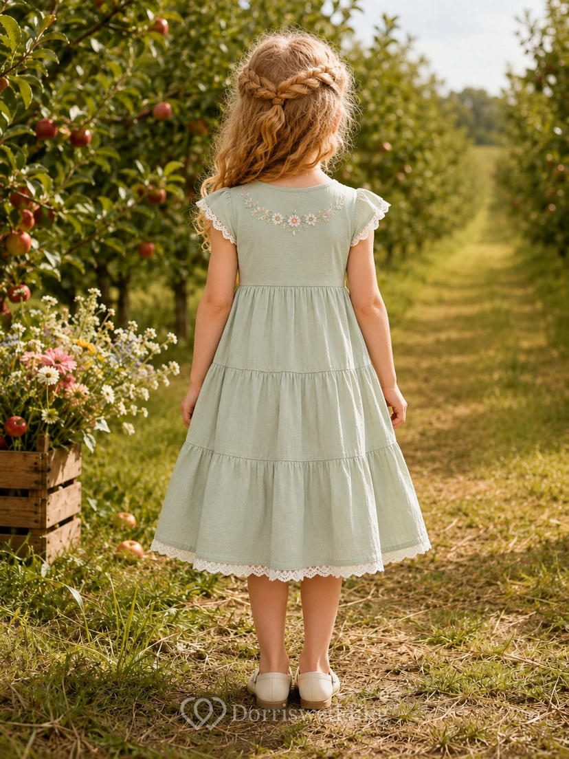 Bohemian Tea-Length A-Line Garden Flower Girl Floral Lace Tiered Dress with Jewel Neck view 2