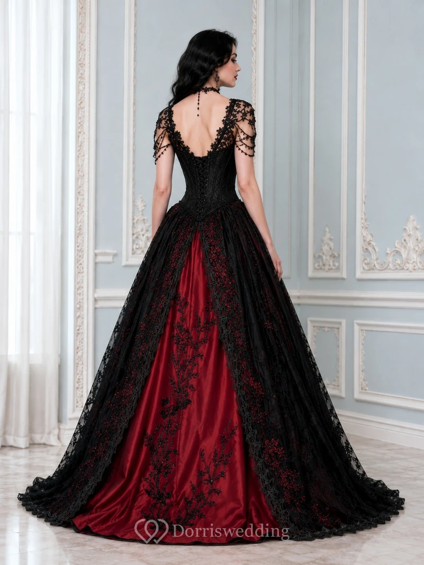 Black Red Lace V-neck Cap Sleeve Gothic Ball Gown Romantic Evening Dress view 2