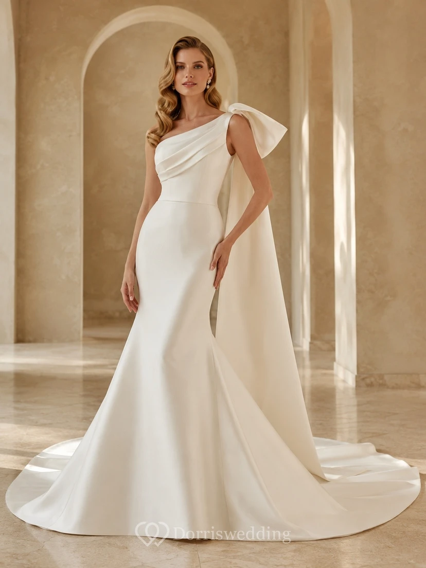 Mermaid Draped Sweep Train Bridal Ceremony Wedding Dress Formal