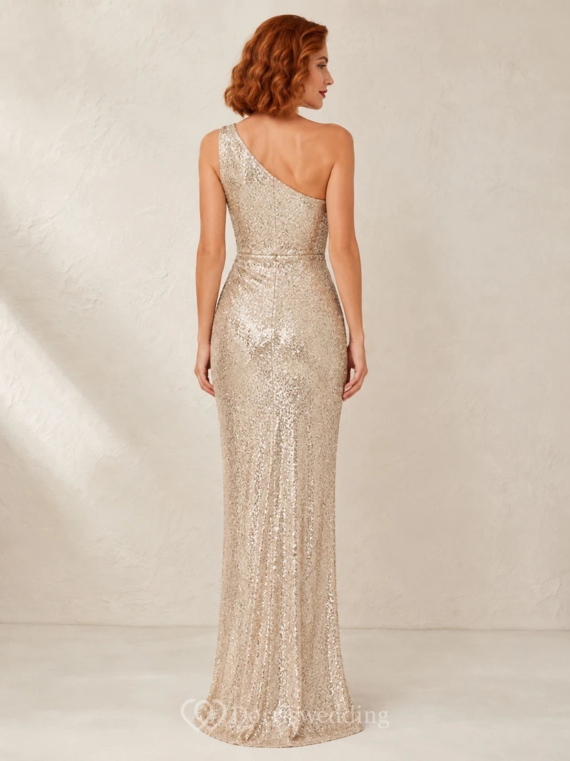 Champagne One Shoulder Sequin Sheath Evening Dress view 2