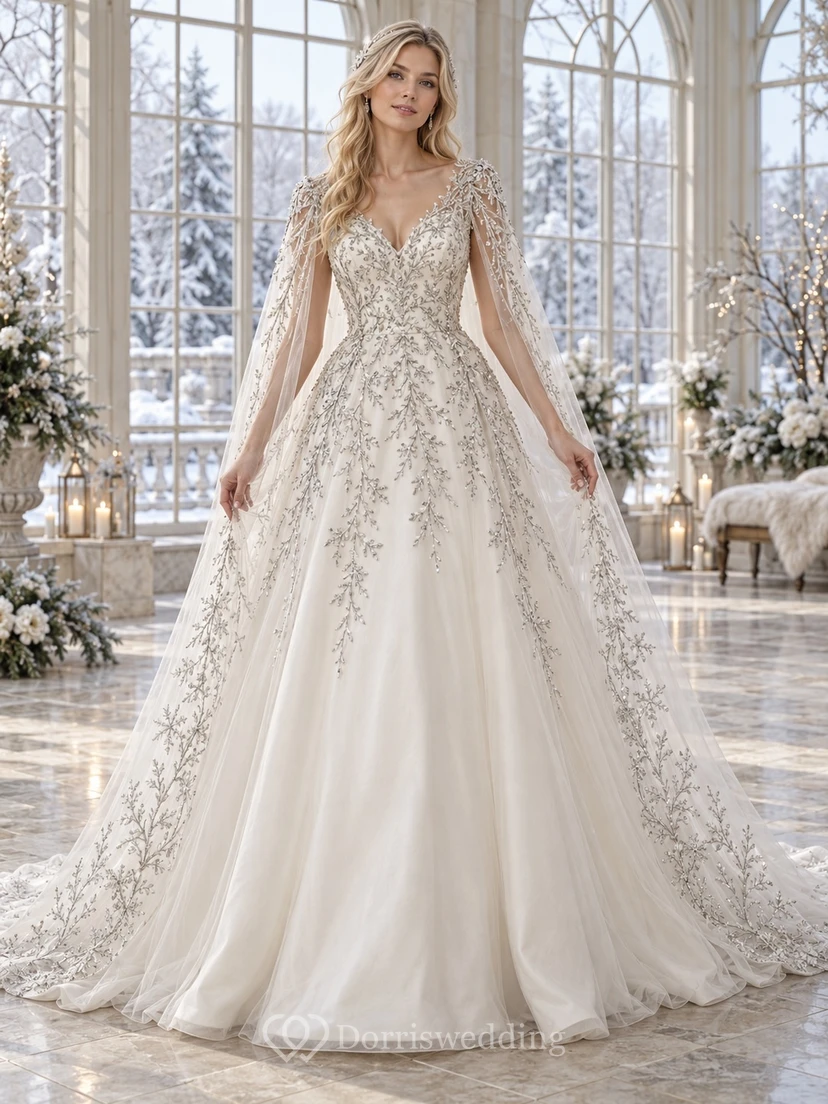 Vestido de novia de invierno con escote en V, capa transparente plateada con cuentas y corte en A
